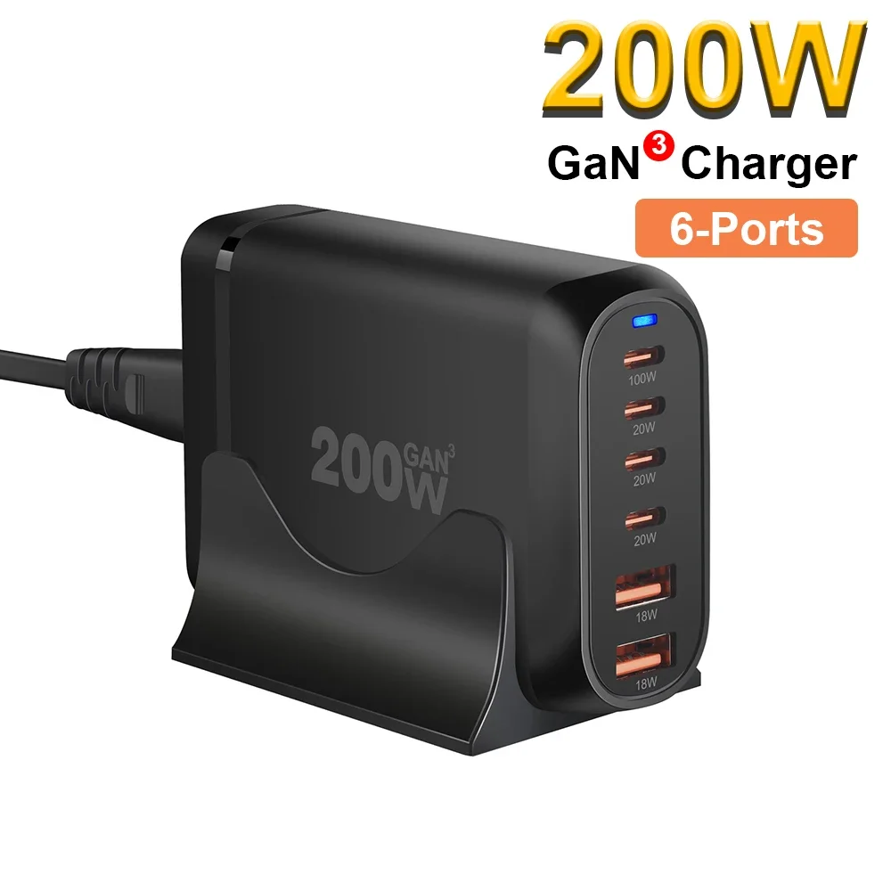 

200W GaN Charger, 6-Port Desktop Fast Charging Station, 100W USB C Laptop Charger for MacBook Pro iPhone 15/14/13 Samsung Galaxy