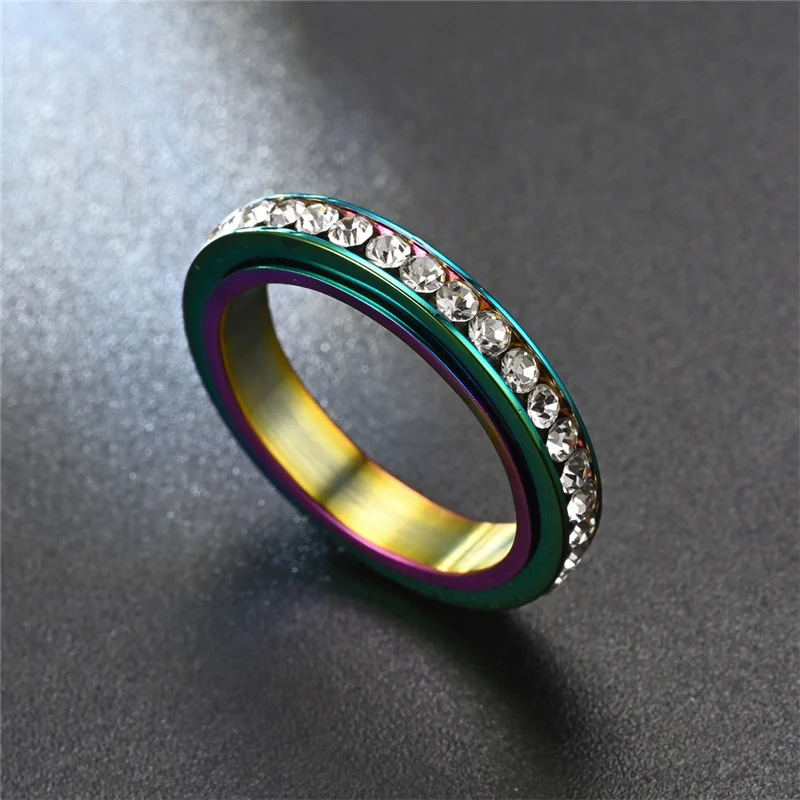 Anti Stress Thin Stainless Steel Ring For Women Cubic Zirconia Chain Rotating Anxiety Relief Spinning Fidget Rings Punk Jewelry