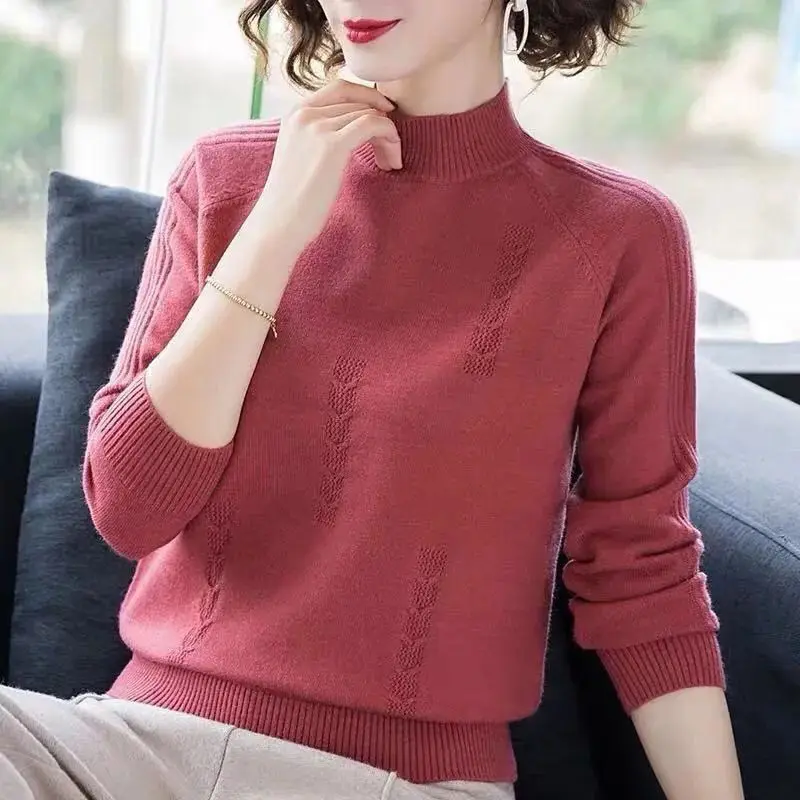 

Women's Autumn Winter New Fashion Solid Color Half High Collar Jacquard Casual Versatile Long Sleeved Slim Fit Sweater Knit Tops