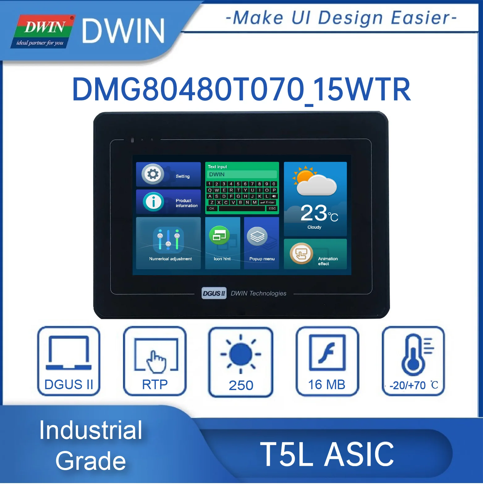 

DWIN 7.0 Inch 16.7M Colors TN Display TFT LCD Touch Screen Module With 800*480 Resolution Serial Port DMG80480T070_15W HMI