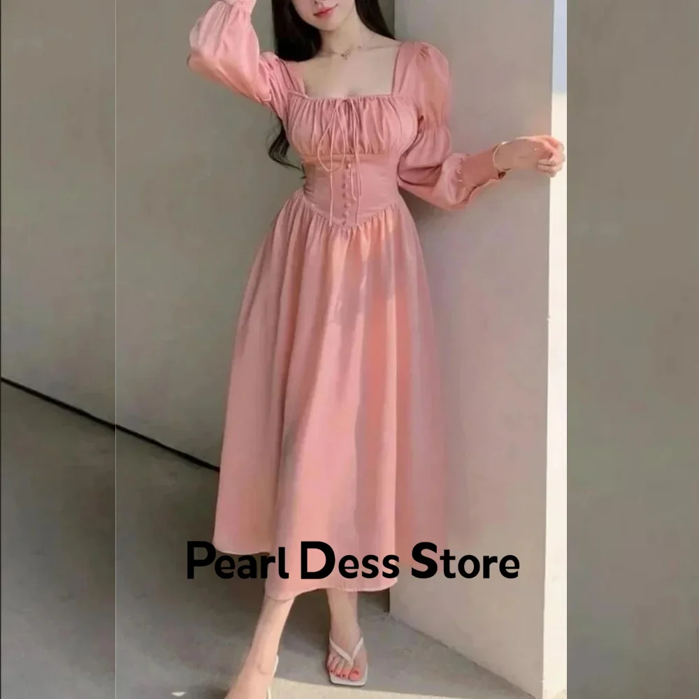 

Button Ball Evening Dress Pleated Plain Knitted A-line Square Neck Customized Mid length Occasion Dress Saudi Arabia