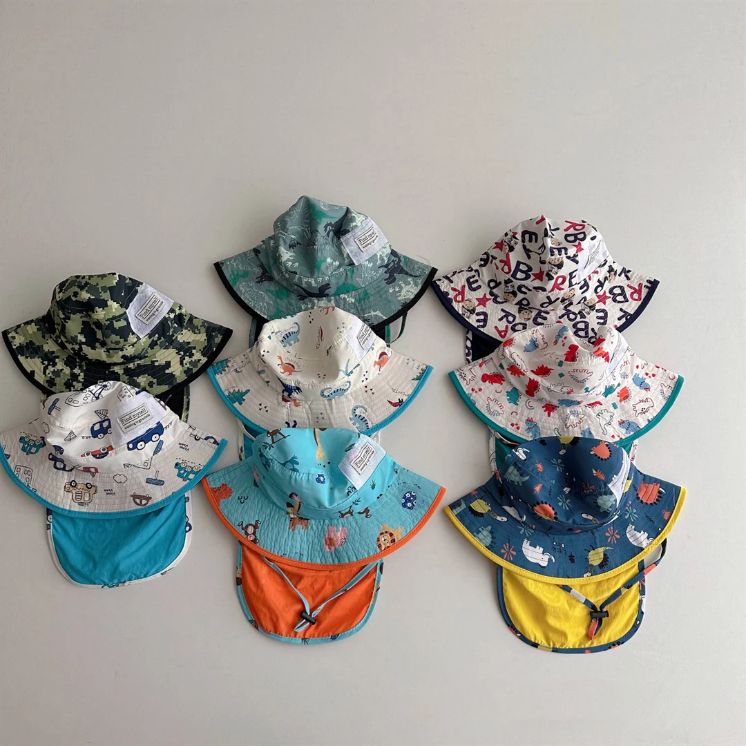 

Japanese Style Children's Sunhat With Neck Protection Sunshade Fisherman Hat Quick Drying Fabric With Printing Boys Girls Hat
