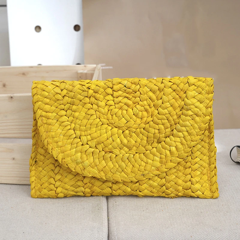 Fashion Beach Purse Women Summer Beach Bag Envelope Woven Clutch Solid Color Large Capacity Storage Bag Corn Husk Straw Hand Bag