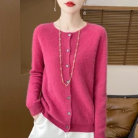 100% Wool Round Neck Cardigan Women's Solid Color Knitted Jacket Autumn And Winter Loose Casual Long Sleeved Sweater DMR D019 1