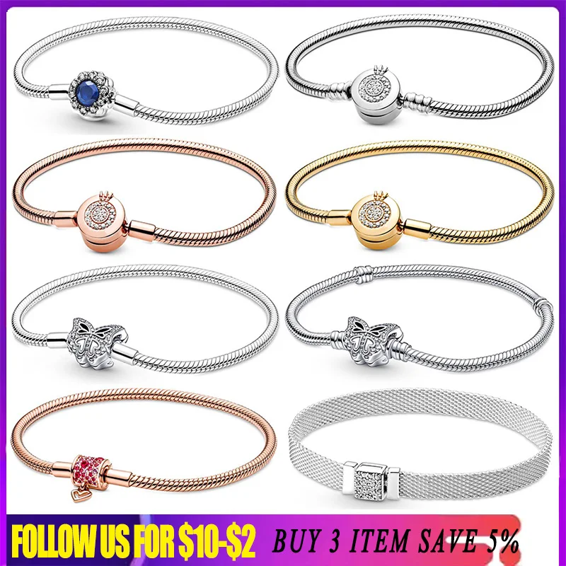 925 sterling silver heart bead bracelets love snake chain for original diy charms gold bracelet women jewelry making gift 2024 925 Sterling Silver Bracelets Rose Gold Love Heart Butterfly Crown O Clasp Snake Chain Bangles For Women Diy Pendant Jewelry