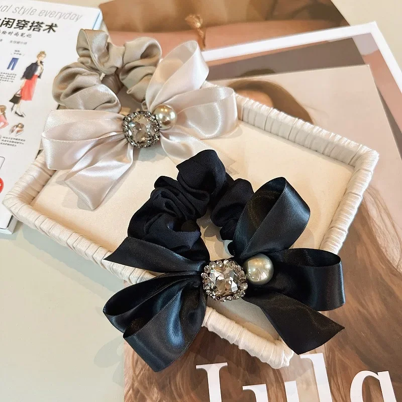 

Girl Simple Hair Ropes Silk Bow Rhinestones Imitation Pearls Rubber Band Hair Ties for Women Fashion Hair Accessories
