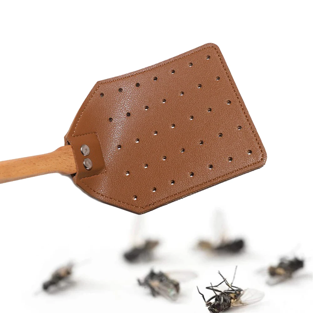 PU Leather Fly Swatter with 19" Long Wood Handle Sturdy Durable Flyswatter for Indoor and Outdoor Pest Control Rustic Swatter
