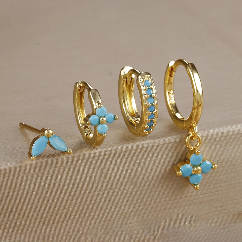 4 יחידות עגילי חישוק פרח זירקוניה אופנתיים עם ציפוי זהב 18K מפלדת אל-חלד עגילי ניקוב תכשיטים לנשים