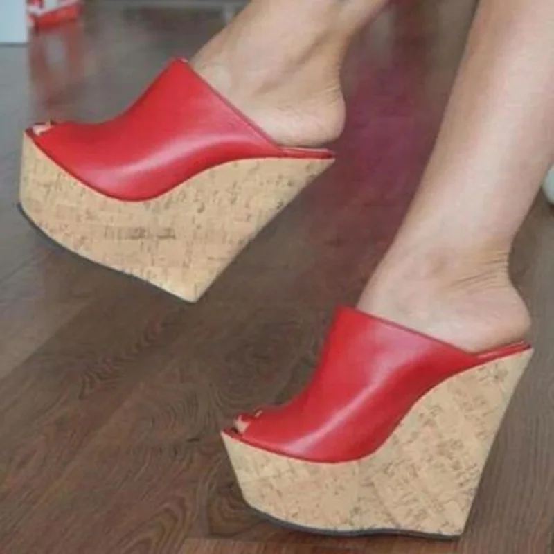 

Пикантные красные кожаные босоножки на высокой танкетке, летние сандалии на очень высокой платформе, обувь на танкетке, Прямая поставка