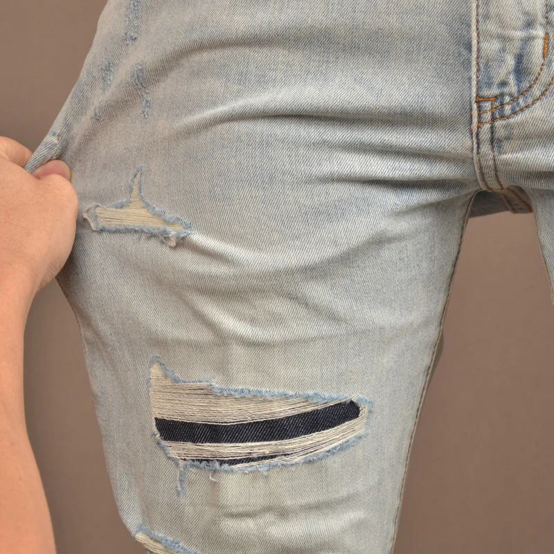 Summer Light Blue Ripped Patch Jeans Men Streetwear Casual Lightweight Vintage Slim Fit Denim Pants