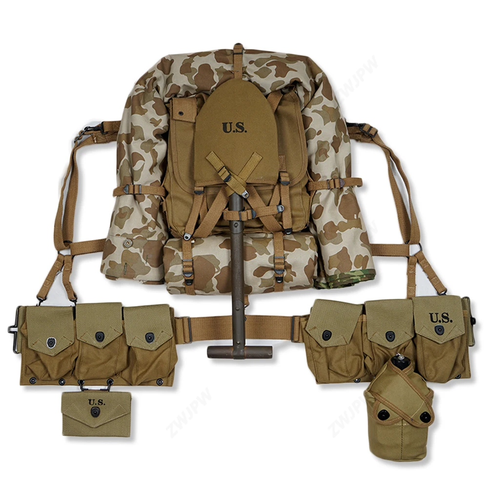

WW2 US ARMY EQUIPMENT CONBINATION USMC UPPER BACKPACK WITH STRAPS T-TYPE SPADE WITH SIX CELL POUCH ONE TENT AND ONE RAIN CAPE
