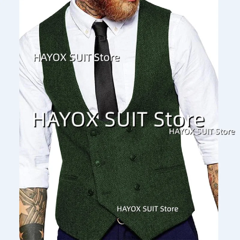 Men's Slim Fit Suit Vest Double Breasted Herringbone Tweed Tank TopSleeveless Jackets Vintage Tooling Tuxedo 5