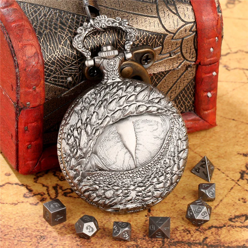 7 x Mini Size Metal Polyhedral Dice Set Role Play Accessory Steampunk Dragon Eye Design Empty Pocket Watch Case Fob Chain