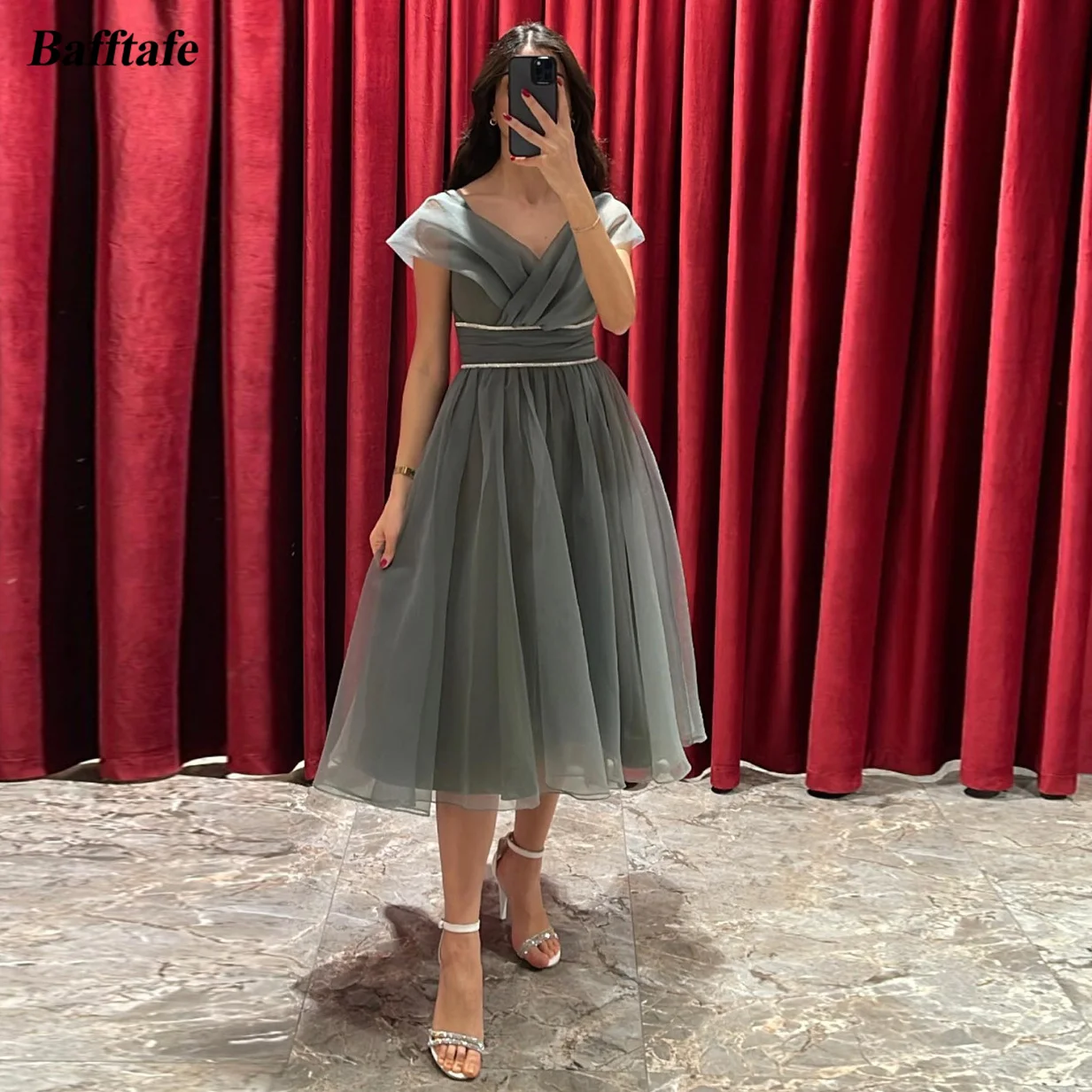

Gray A Line Short Prom Dresses Organza Cap Sleeves Midi Homecoming Party Gowns Tea-Length Women Formal Special Wear Outfits 2023