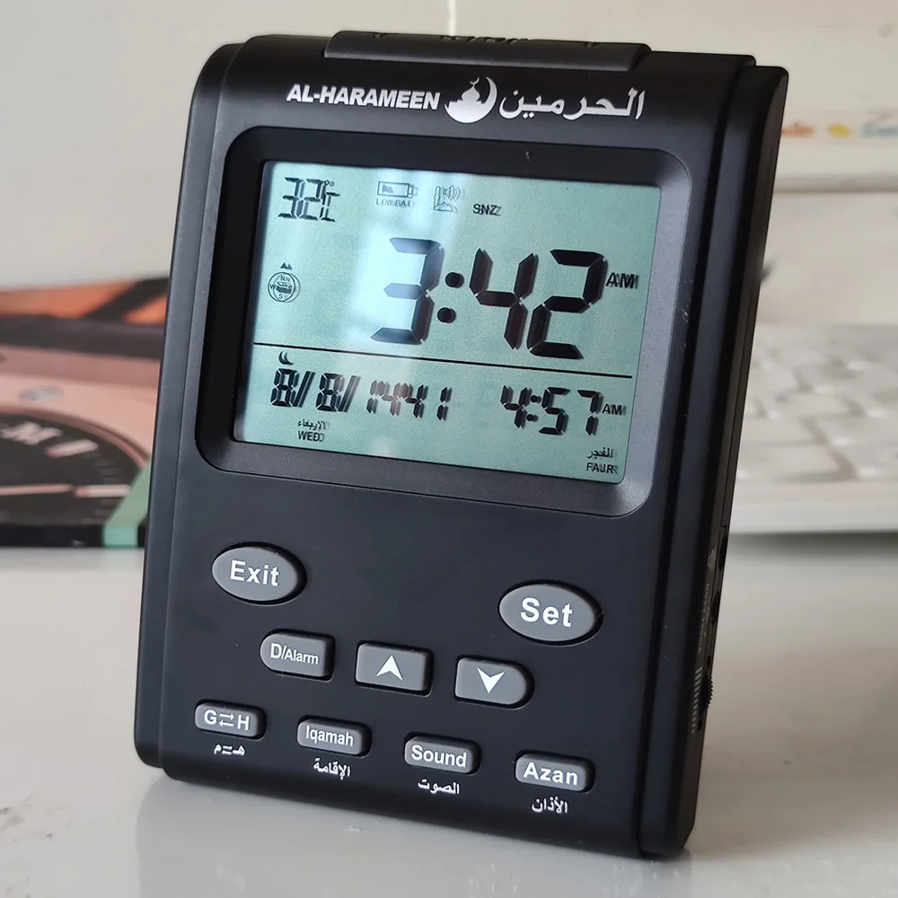 Часы Azan для мусульман с молитвенным будильником, цибла и календарь Hijri, исламский Al Harmeen Fajr, настольное время