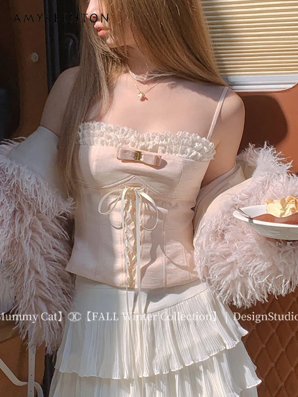 

Женский Кружевной укороченный топ, милая Элегантная универсальная майка с бантом, милый розовый топ Y2k на лето