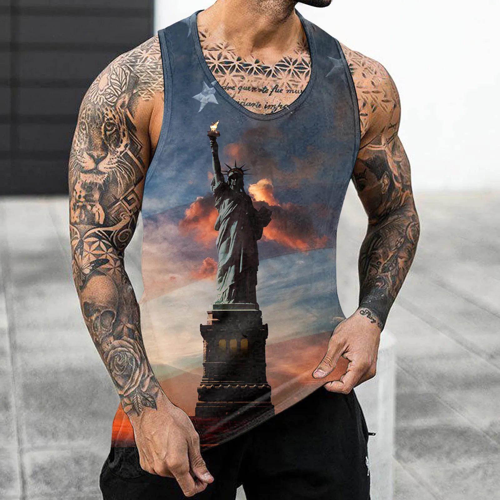 

Summer Fitness Tanks Top Men Bodybuilding Sleeveless O Neck Tank Tops Independence Day American Flag Print Slim Fit Muscle Vests