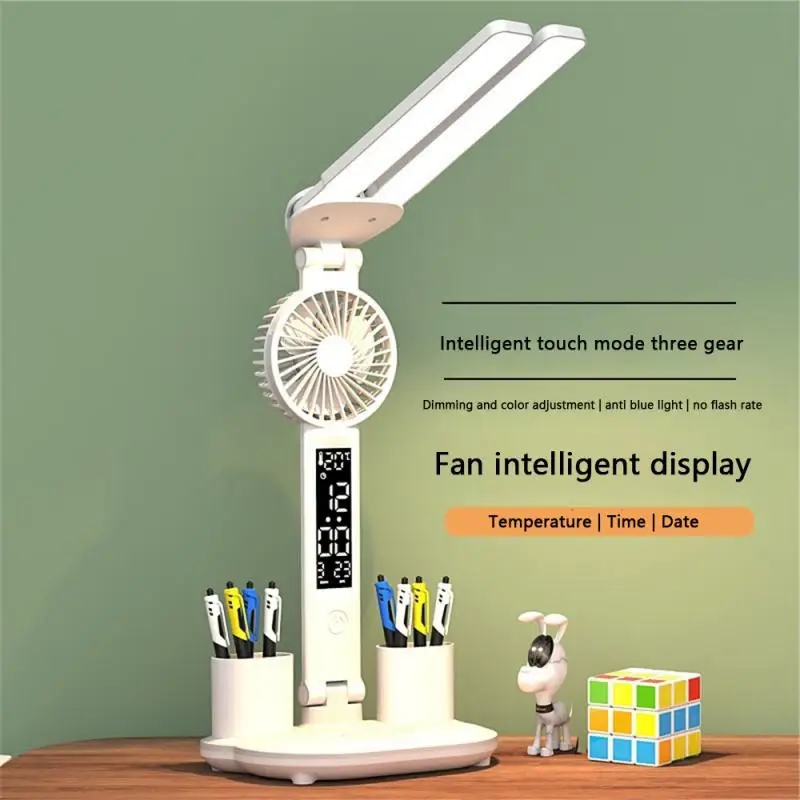 

Double Headed Lighting LED Fan Charging Desk Lamp Eye Protection Learning College Student Dormitory Plug-in Bedroom Intelligent