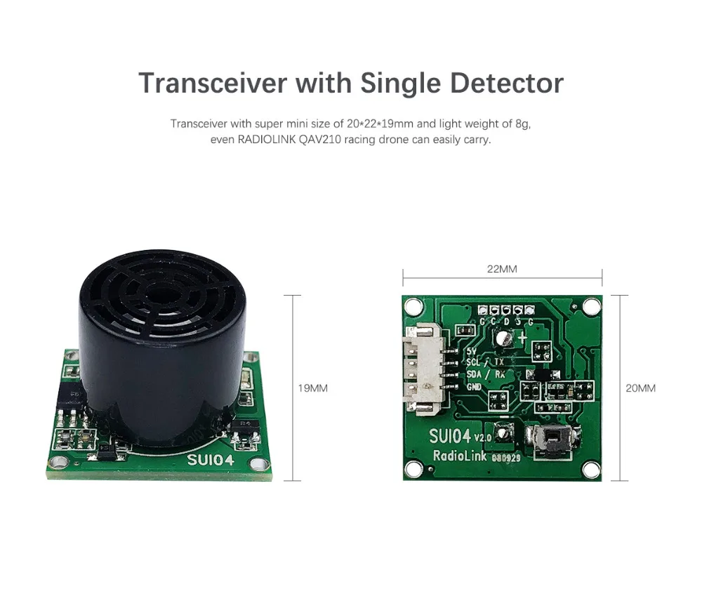 Vue latérale du module ultrasonique SUI04 montrant son boîtier compact et ses connecteurs, idéal pour l'évitement d'obstacles.