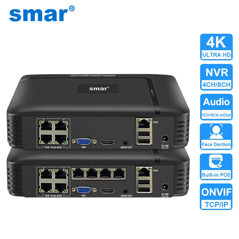 Smar H.265 4CH 8CH 4K 5MP 1080P POE NVR Audio Out Fo Security Surveillance Camera Network Video Video Recorder Face Detect Xmeye