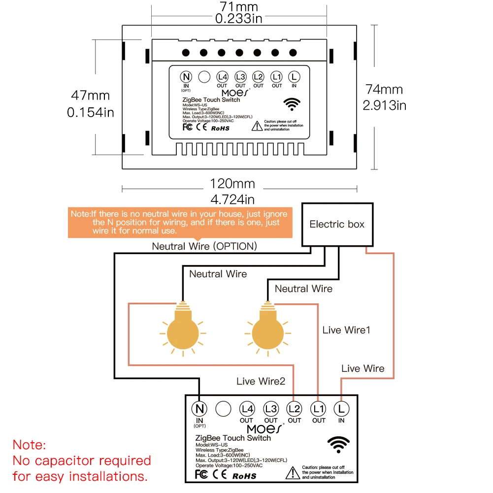 Zigbee Muur Touch Smart Lichtschakelaar Met Neutrale/Geen Neutraal, geen Condensator Smart Leven/Tuya 2/3 Way Control Compatibel Alexagoogle