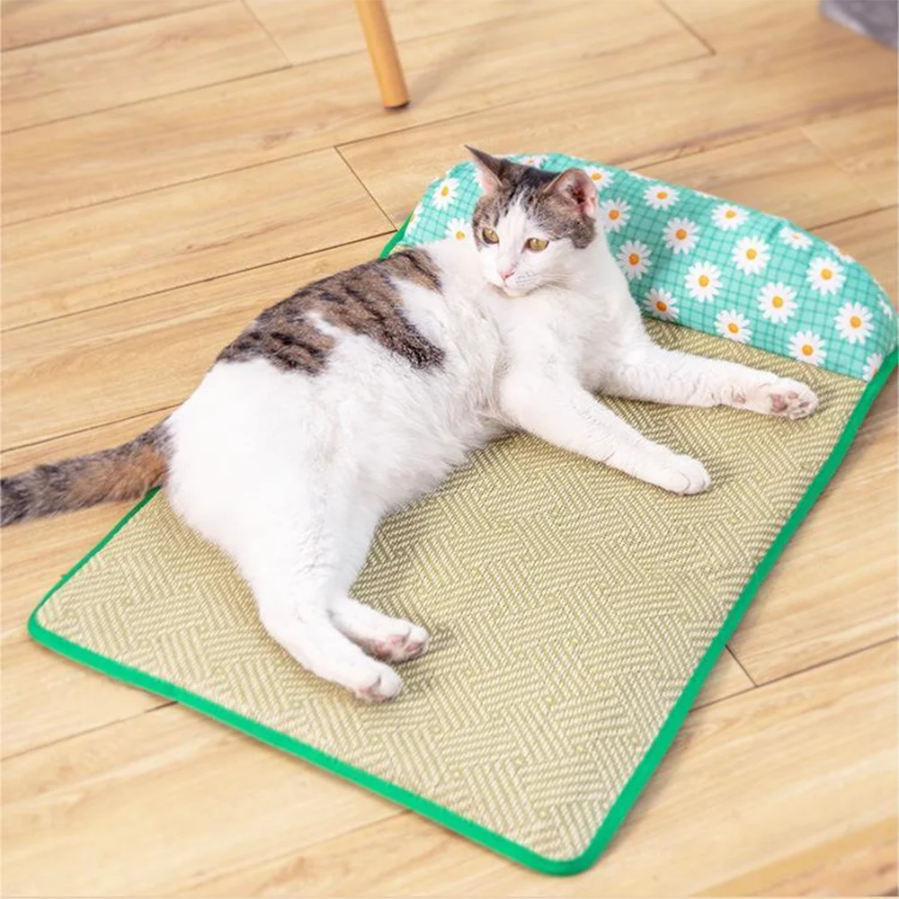 

Pet Summer Double-Sided Cooler Breathable Cooling Rattan Mat Dog Cat Sleeping Mat With Pillow Non-Slip Moisture Pet Supplies