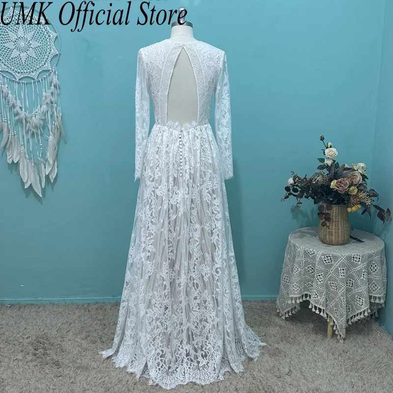 red backless floor length dress Sheath Rustic Lace Beach Wedding Dress With Long Sleebe Bridal Wedding  Dresses SEW069 – SELINADRESS main image 0