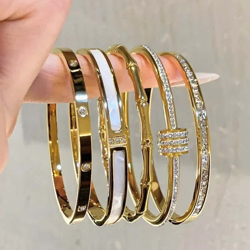 Titanium Steel Gold Silver Color Bangles for Women Girls Trend Waterproof Jewelry Luxury Sparkling Zircon Bracelet Bangle 2