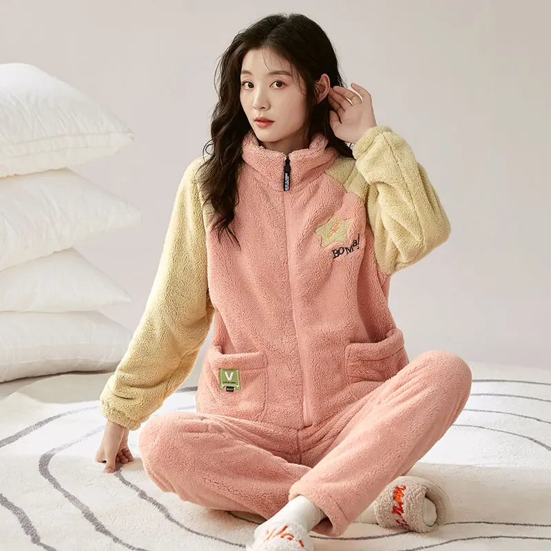 Women Coral Velvet Pajamas Winter Thermal Thickened Fleece Flannel Homewear Suit Female Stand-up Collar Casual Nightclothes Sets