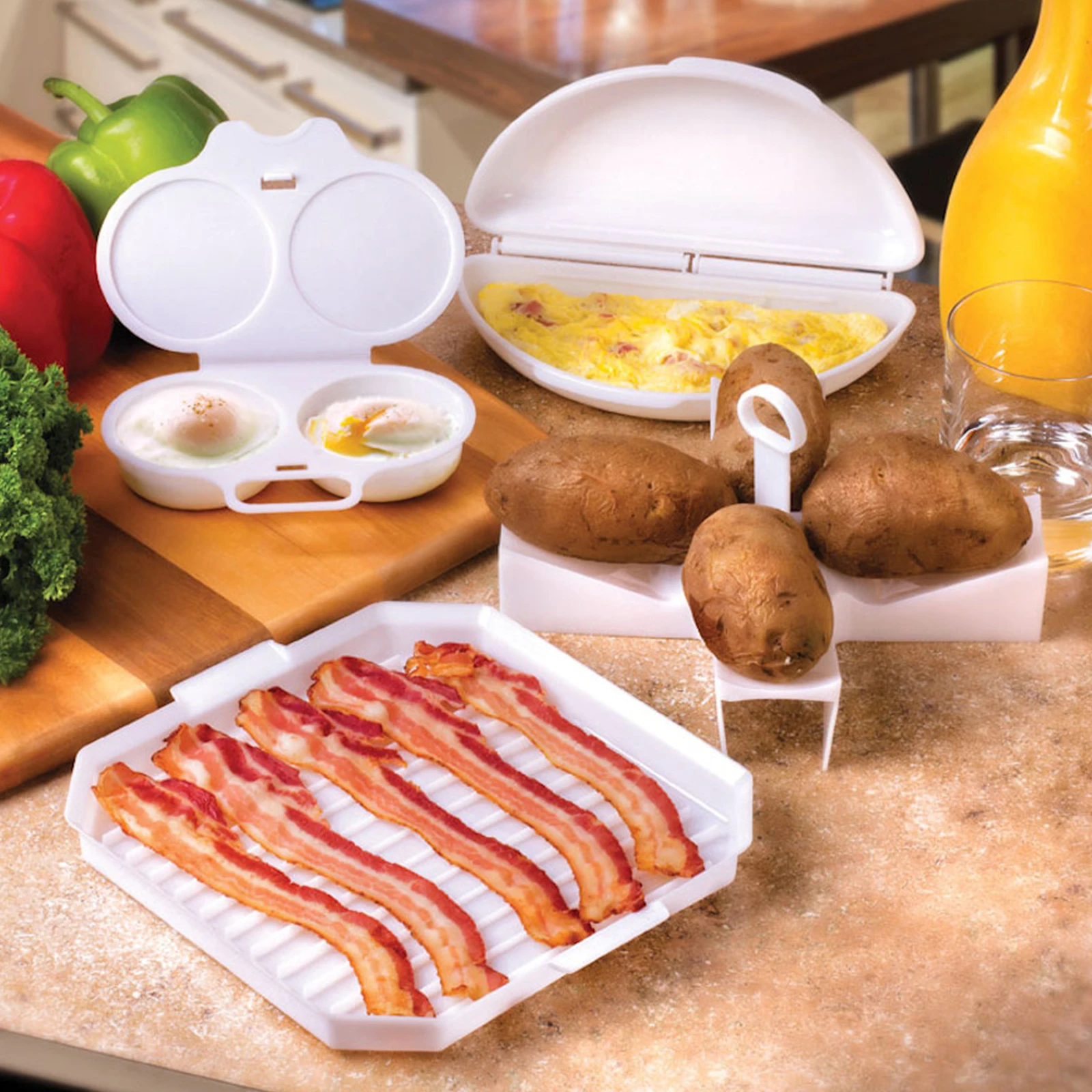 4Pcs Microwave Cooking Set Oven Cookware Set with Bacon Baking Plate Egg Steamer Fried Egg Box Potato Rack BPA Free for Kitchen