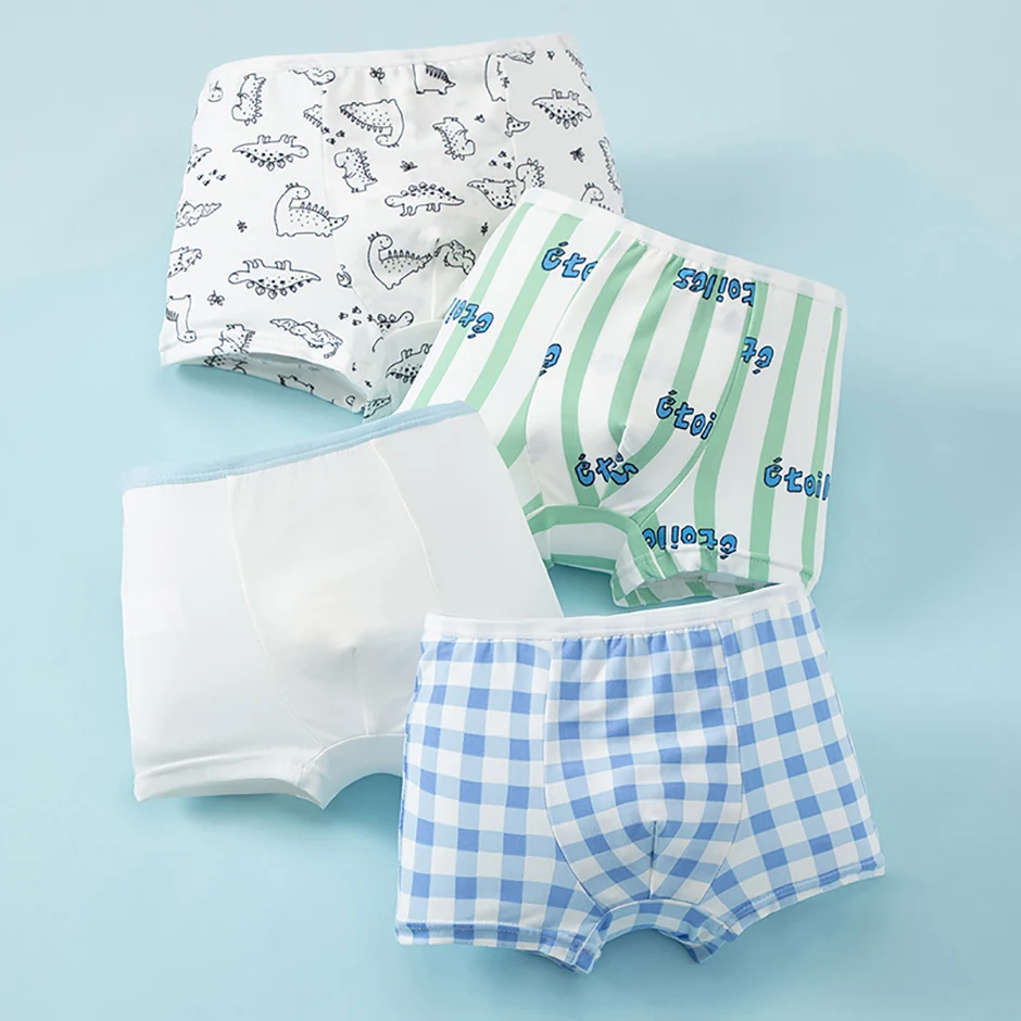 4-teilige Jungen-Unterwäsche mit lustigem Aufdruck, niedliche Unterwäsche, einfache, bequeme Shorts für Studenten, lockere, atmungsaktive, mehrfarbige Mischung und passende Kinderboxen – Detail 3