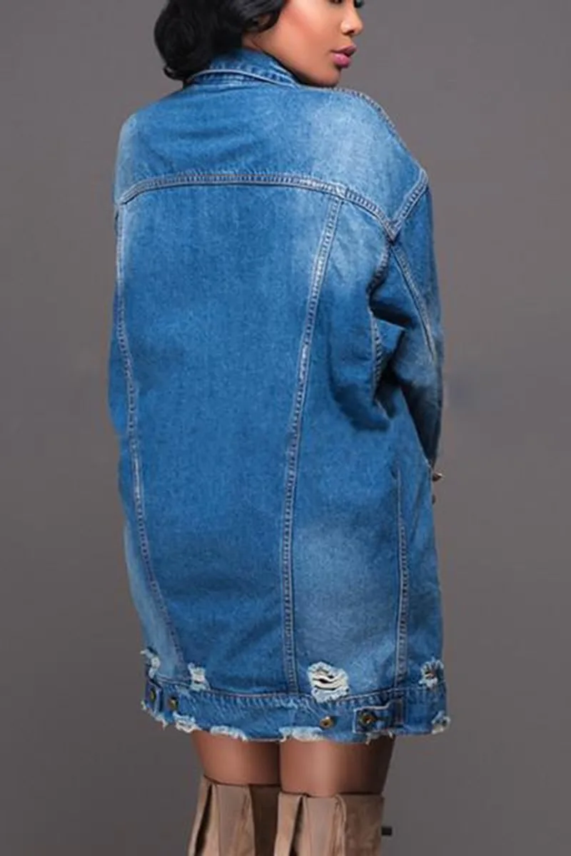 2024 New Stylish Women's Coats Denim Long Coat Jeans Coat Fashion Hole Jacket Female Loose Casual Streetwear Blue Outwear Long