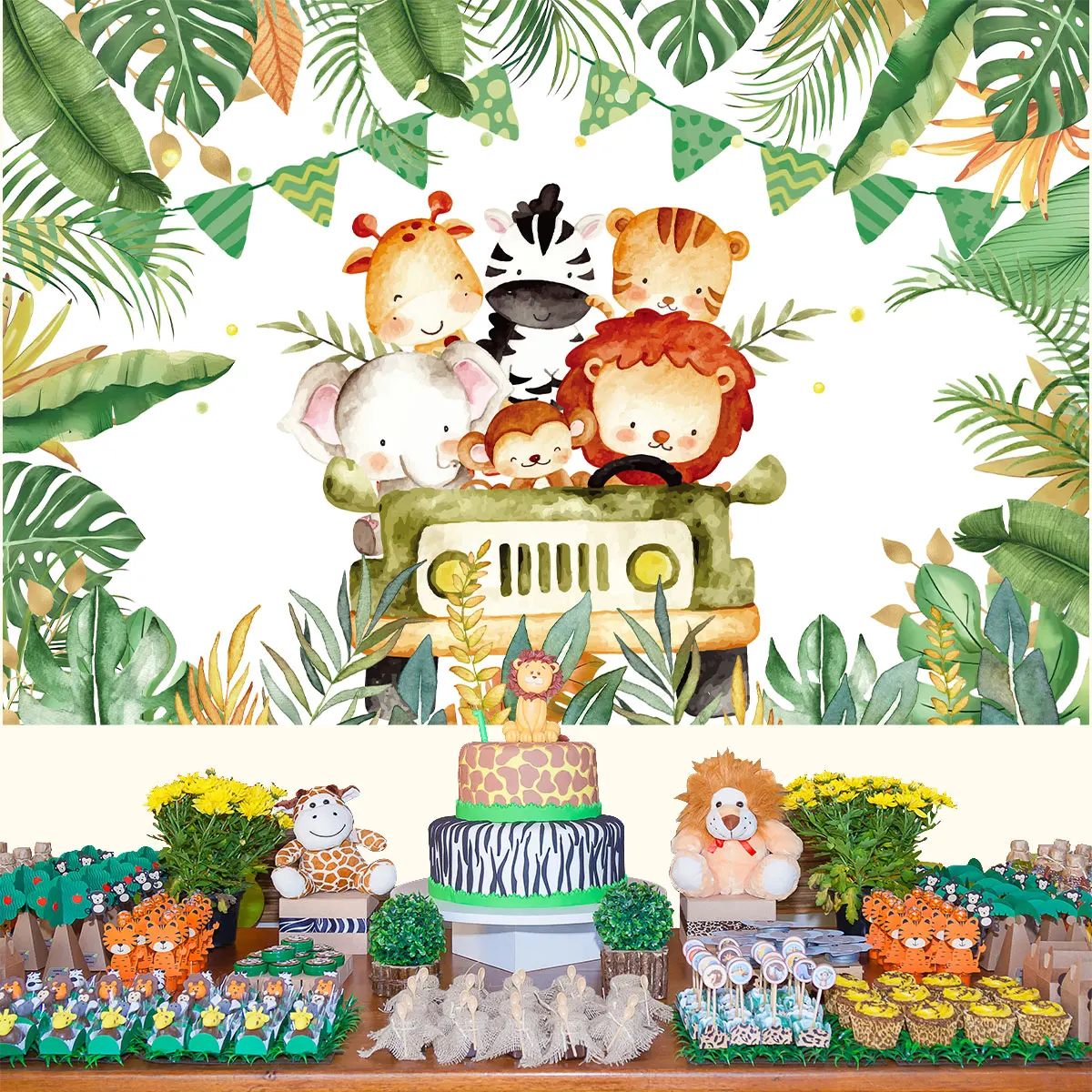 Jungle Animals Backdrop Jungle Party Decoation Wild One Safari Birthday Decorations Baby Shower Boy Gril 1st Birthday Background images - 6