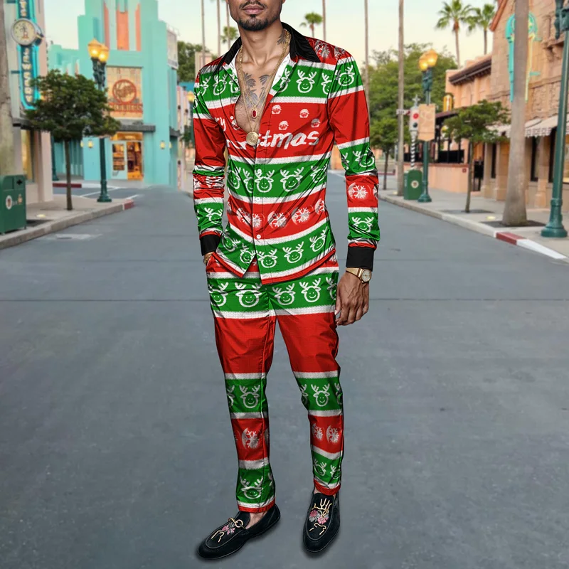 Christmas Printed Men's Shirt Set Two Piece Gingerbread Snowman_voghion.com