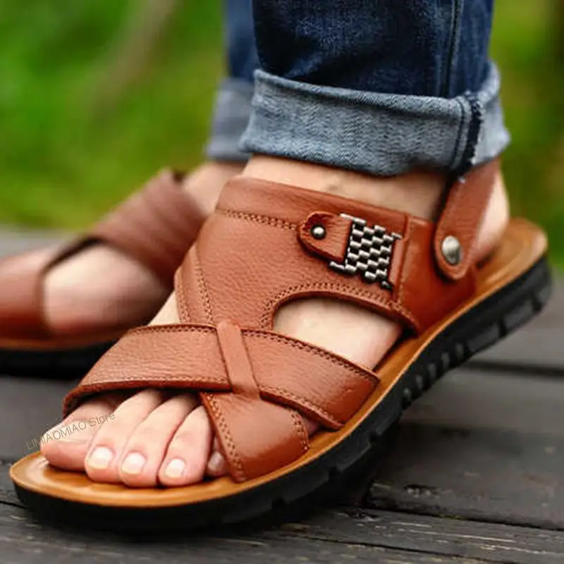 New Spring Summer Men Leather Sandals Classic Men Shoes Slippers Soft Men Comfortable Outdoor Walking Footwear Big Size