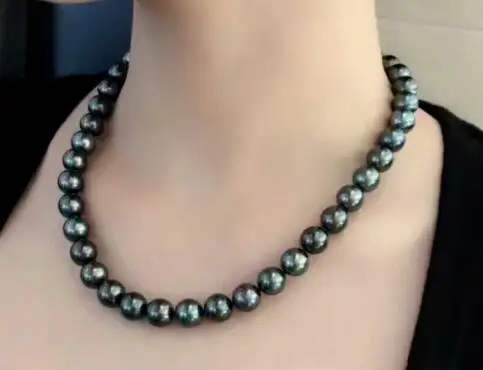 

free shipping 9-10mm natural tahitian black pearl necklace 14K
