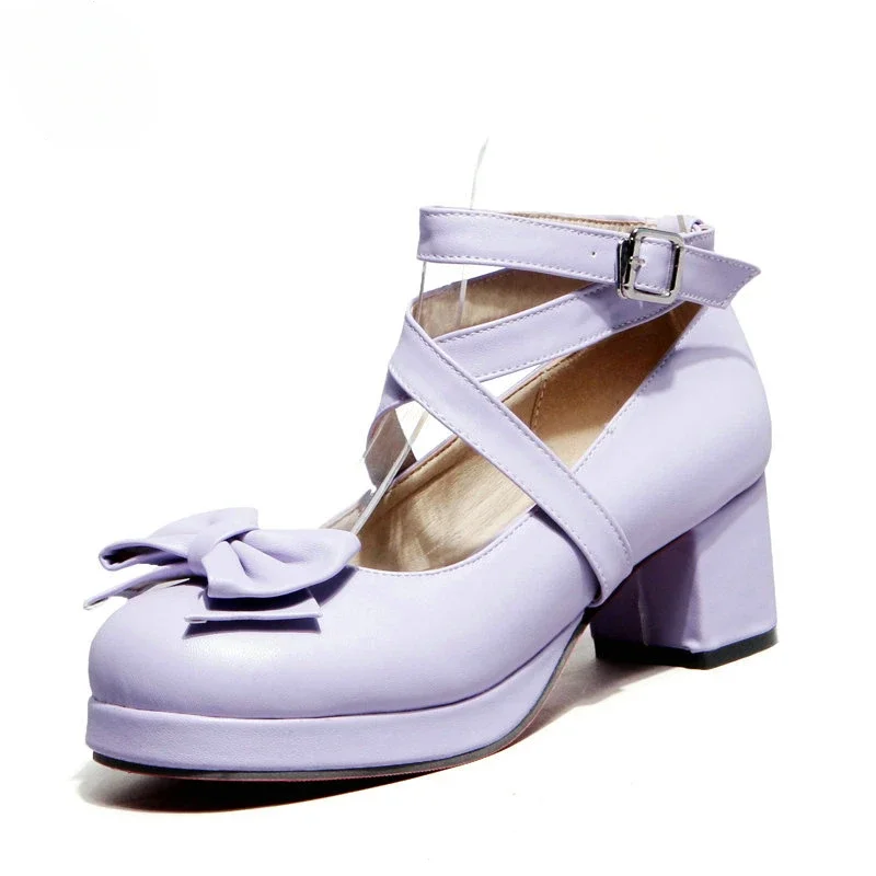 

Spring Autumn Pumps Purple Pink Lolita Shoes Princess Cosplay Cross Strap Platform Block High Heels Womens Men Maid Role Party
