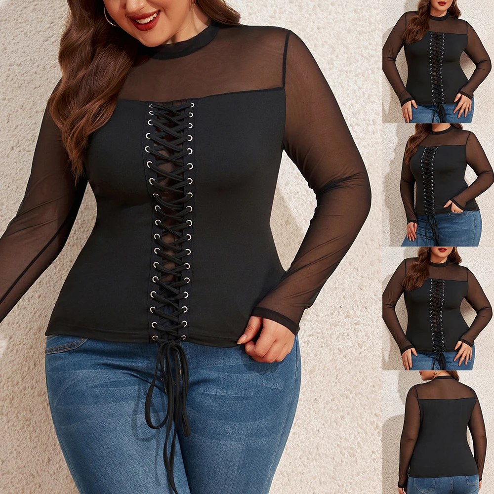 Sd04e782d2a034d5d8baf72c8d0722f13h Women's Round Neck Autumn Pullover Solid Long Sleeve Sheer Mesh Blouse Tops Plus Size Clothing Mallzona