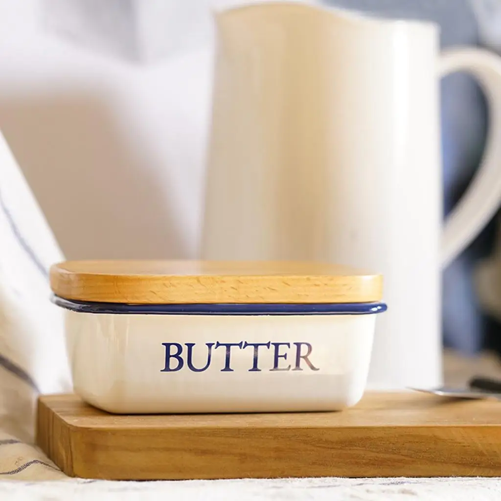 Enamel Butter Dish with Lid Holder Flanging Preservation Vintage Butter Keeper for Countertop Daily Use Refrigerator Cheese Nuts