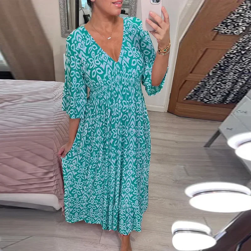 

Retro Geometric Print Boho Maxi Dress Women V Neck High Waist Pleated Commuter Dress Summer Half Sleeve Loose Party Dress