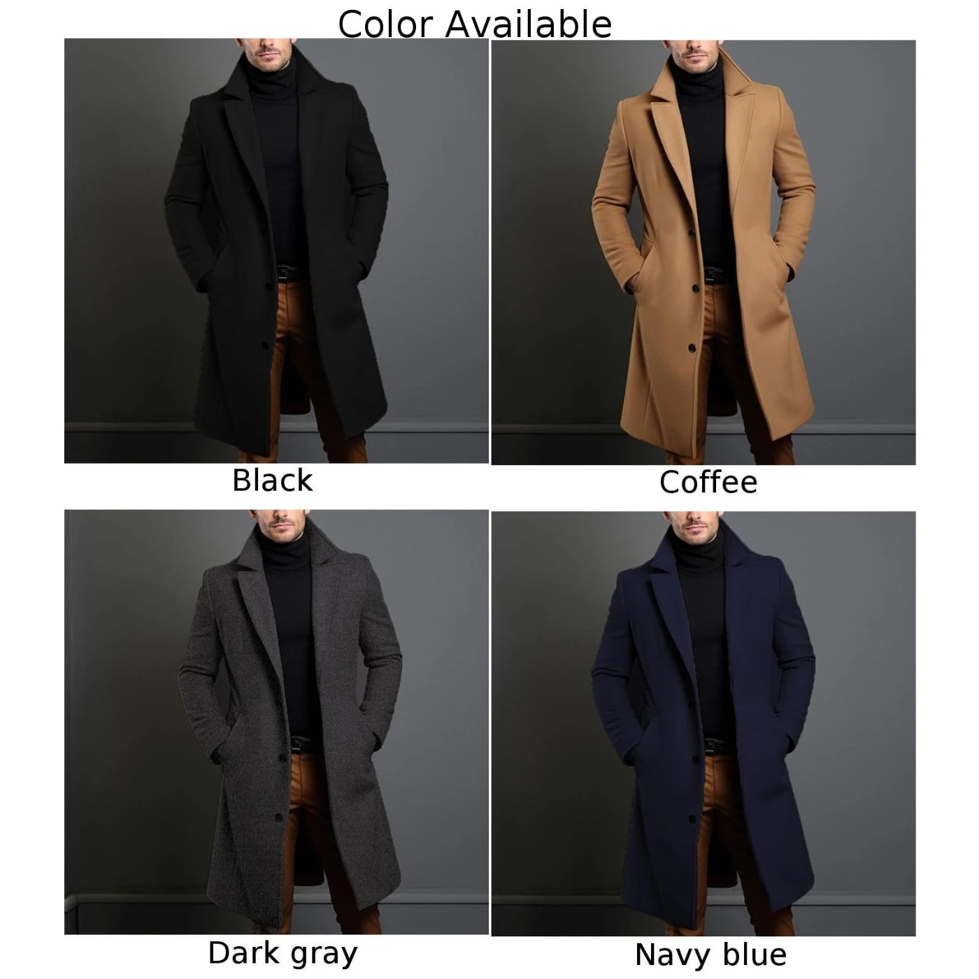 Men Atutumn Winter Long Warm Wool Trench Coat Solid Single Breasted Luxury Wool Blends-Overcoat Thermal Tops Coats Clothing