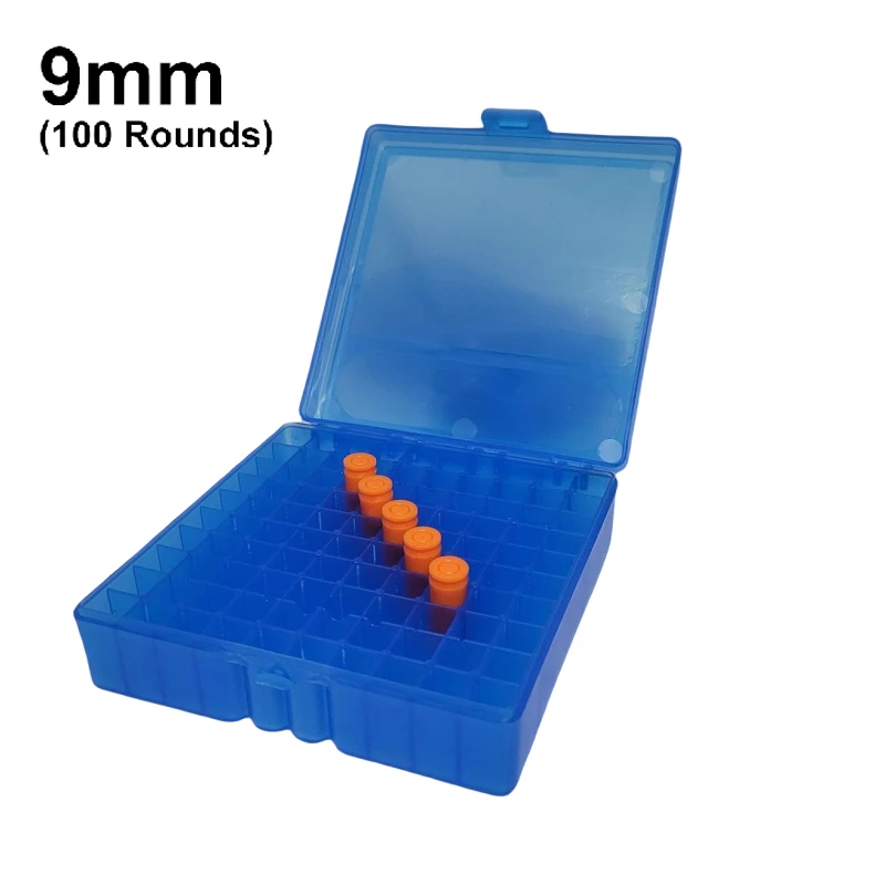 Description Picture 5 of item50/100 Rounds Bullet Box Gun Cartridge Shell Holder Portable Ammunition Box Flip-Top for 9mm .223 Ammo Hunting Accessories