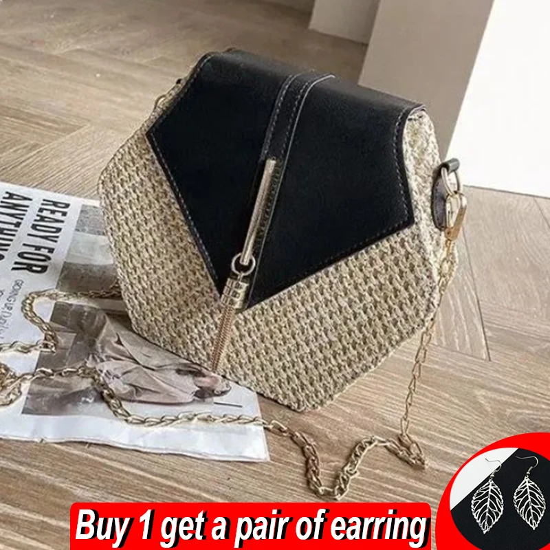 Summer Straw Bag Women Hexagon Chain Crossbody Bag Handmade Weaven Shoulder Bag Fashion Tassel