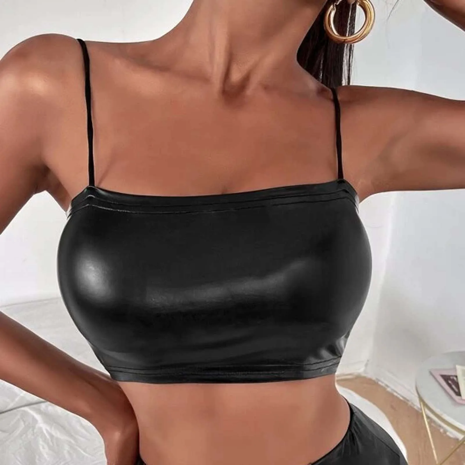 

Women Sexy Short Tank Top Glitter Strappy Tank Tops Summer Faux Leather Suspender Vest Spice Girls Street Clubwear Lingeries Bra