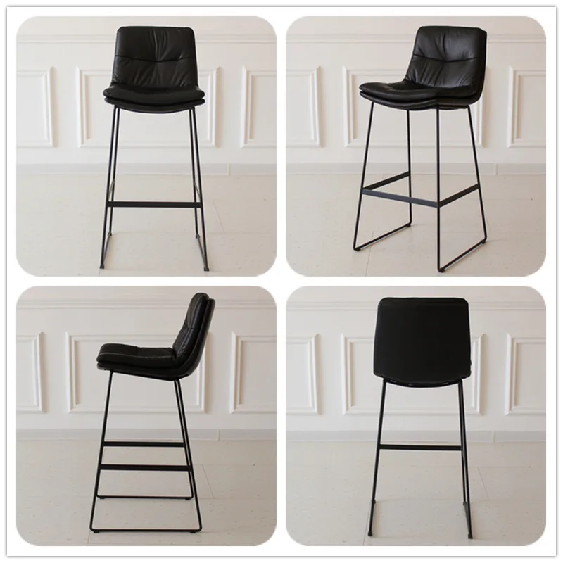 Nordic Backrest Leather Bar Chair Home Light Luxury Wrought Iron High Stool Net Red Ins Cafe Modern Minimalist Bar Chair Stool