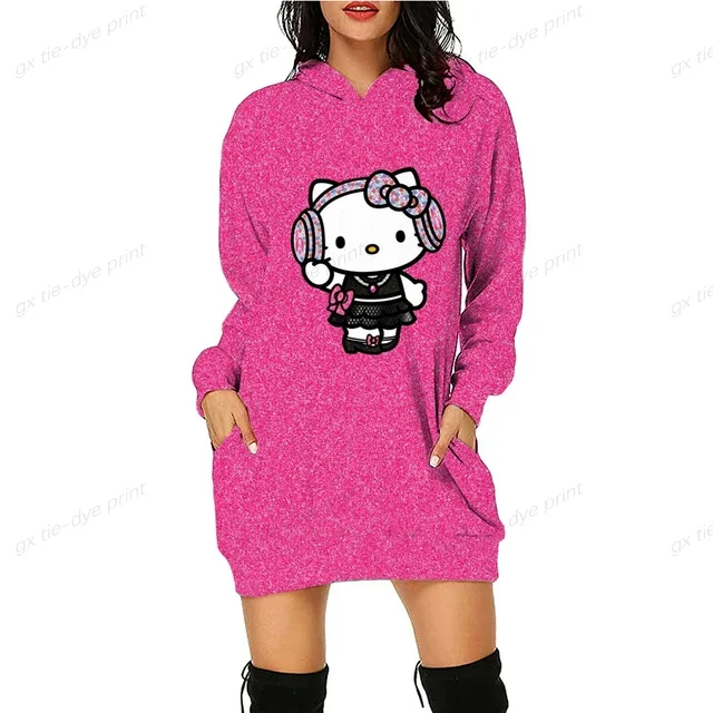 thumbnail image 1 of Vestido sexy hasta la rodilla para mujer, de primavera y otoño, con capucha, manga larga, con bolsillos de HELLO KITTY, vestido sencillo e informal ajustado, 1 of 5