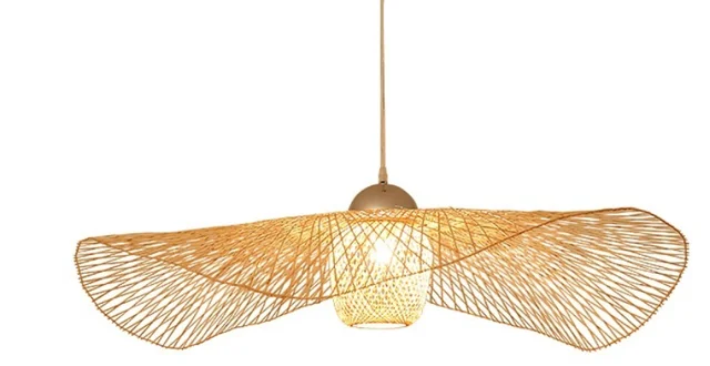 Chinese Style Bamboo Woven Wicker Pendant Lights Natural Rattan Shade Cap Hanging Lamp Restaurant Hotel Bedroom Lighting Fixture B