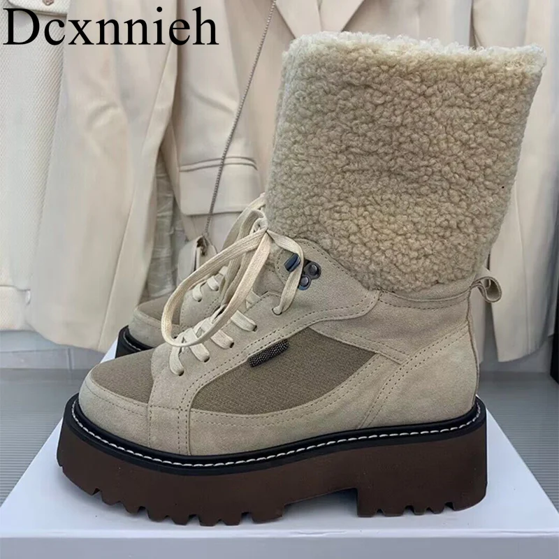 

New Wool Turned-over Edge Mid-calf Boots Women Faux Suede Lace-up Snow Boots Winter Round Toe Thick Heels Splicing Short Botas