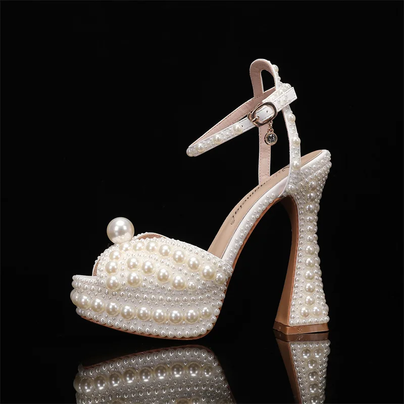 

luxury Women Sandals Fashion High Quality Wedding Shoes Women New Pearls Studs Luxury Peep Toe High Heels Buckle Woman Sandal 43