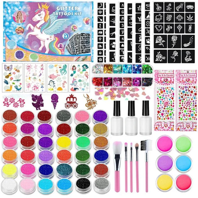 50 Glitter Colors Tattoo Kit With Stencil Glue Brush Makeup Body